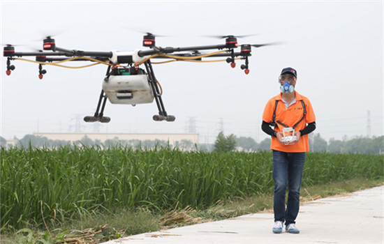 A worker uses a drone produced by drone maker DJI to spray pesticide on fields in Shanghai. (Photo/Xinhua)