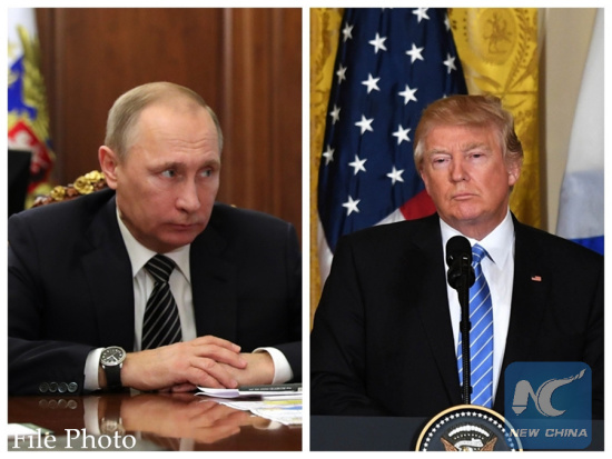 Combination of file photos show Russian President Vladimir Putin (L) at the Kremlin in Moscow, Russia, Dec. 29, 2016 and U.S. President DonaldTrump at a press conference at the White House in Washington D.C., the United States, on Feb. 15, 2017. (Xinhua)