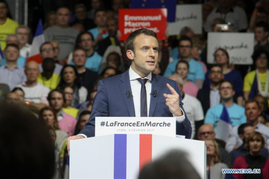 File photo taken on Feb. 4, 2017 shows French presidential candidate Emmanuel Macron addressing a campaign rally in Lyon,France. (Xinhua/Han Bing)