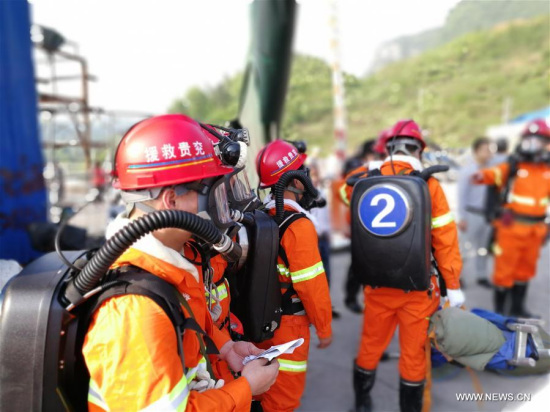 Rescuers work at a tunnel blast site in Dafang County, southwest China's Guizhou Province, May 2, 2017. (Xinhua/Han Xianpu)