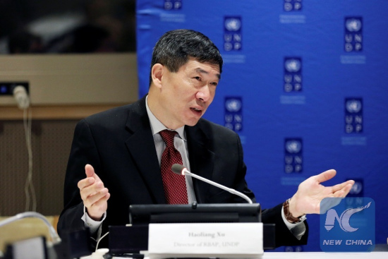 Xu Haoliang, the assistant administrator of UNDP, is pictured during an event at the UN headquarters in New York, May 3, 2017. (Xinhua/Li Muzi)