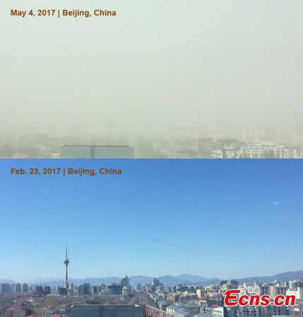 A combination photo shows the weather conditions respectively on Feb 23, 2017, and May 4, 2017 in Beijing. Beijing issued a blue alert for sandstorm on Thursday. Beijing has a four-tier color alert system for pollution, with red being the highest, followed by orange, yellow and blue. The blue alert means the air quality index is forecast to reach between 200 and 300 PM2.5 for one day. (Photo/Ecns.cn)