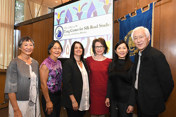 The P.Y. and Kinmay W. Tang Center for Silk Road Studies opened on April 29 at UC Berkeley. From left: Nadine Tang, Leslie Schilling, Sanjyot Mehendale, the center's chair; Corinne Debaine-Francfort of the National Center for Scientific Research in France; Agnes Hsu-Tang and Oscar Tang. Peg Skorpinski / UC Berkeley