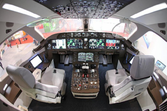 A view of the cockpit of C919, China's first domestically produced large passenger plane. The plane's maiden flight will take off from Shanghai Pudong International Airport. (Photo/Xinhua)