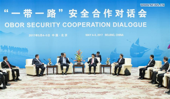 Meng Jianzhu, head of the Commission for Political and Legal Affairs of the Communist Party of China (CPC) Central Committee, meets with officials attending a security cooperation dialogue on the Belt and Road Initiative, in Beijing, capital of China, May 4, 2017. (Xinhua/Ding Haitao)