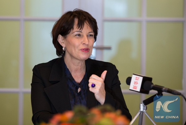 Swiss President Doris Leuthard speaks during an interview with Xinhua in Bern, Switzerland, on Jan. 12, 2017. She is expected to attend the Belt and Road forum for international cooperation in Beijing on May 14-15. (Xinhua/Xu Jinquan)