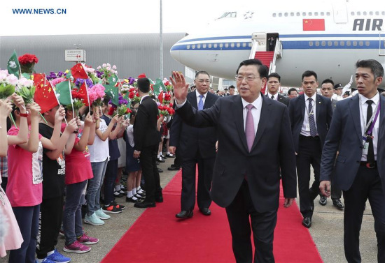 Zhang Dejiang, chairman of the Standing Committee of China's National People's Congress (NPC), arrives at the Macao International Airport, in Macao, south China, May 8, 2017. (Xinhua/Pang Xinglei)