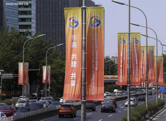Banners are hung to greet the upcoming Belt and Road Forum for International Cooperation in Beijing, capital of China, May 7, 2017. Beijing will host the Belt and Road Forum for International Cooperation on May 14-15. (Xinhua/Chen Xiaogen) 