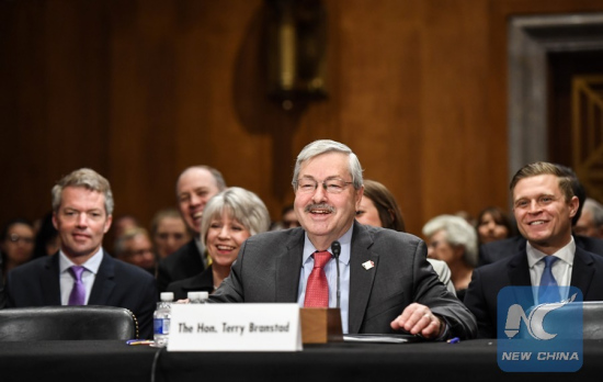 Iowa GovernorTerry Branstad(Front) testifies before the U.S. Senate Foreign Relations Committee on a hearing considering him to be U.S. Ambassador to China on Capitol Hill in Washington D.C., the United States, on May 2, 2017.(Xinhua/Bao Dandan)