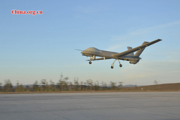 A CH-4 UAV takes off from a regional airport in the Greater Khingan Mountains for forest monitoring on May 10. (Photo provided to China.org.cn)