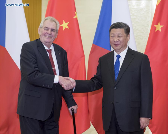 Chinese President Xi Jinping (R) meets with Czech President Milos Zeman in Beijing, capital of China, May 12, 2017. Milos Zeman is in Beijing to attend the Belt and Road Forum for International Cooperation. (Xinhua/Li Xueren)