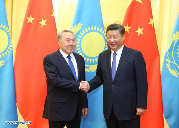 Chinese PresidentXi Jinping(R) meets with Kazakh President Nursultan Nazarbayev, who is here for the Belt and Road Forum (BRF) for International Cooperation, at the Great Hall of the People in Beijing, capital of China, May 14, 2017. (Xinhua/Yao Dawei)