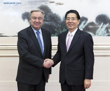Chinese State Councilor and Minister of Public Security Guo Shengkun (R) meets with UN Secretary-General Antonio Guterres, who is here to attend the Belt and Road Forum (BRF) for International Cooperation, in Beijing, capital of China, May 13, 2017. (Xinhua/Ding Haitao)