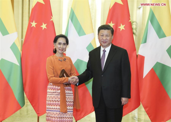 Chinese President Xi Jinping meets with Myanmar State Counselor Aung San Suu Kyi after the two-day Belt and Road Forum for International Cooperation in Beijing, capital of China, May 16, 2017. (Xinhua/Pang Xinglei)