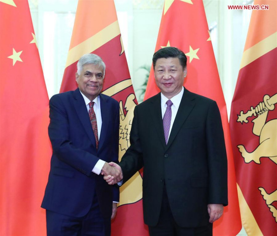 Chinese President Xi Jinping meets with Sri Lankan Prime Minister Ranil Wickremesinghe in Beijing, capital of China, May 16, 2017. Wickremesinghe attended the Belt and Road Forum for International Cooperation on May 14-15 in Beijing. (Xinhua/Xie Huanchi)