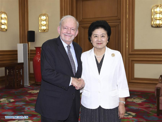 Chinese Vice Premier Liu Yandong meets with Anthony Lake, chief of United Nations Children's Fund (UNICEF), in Beijing, capital of China, May 16, 2017. (Xinhua/Gao Jie)