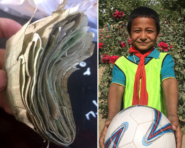 An 8-year-old village boy who had been saving up for a soccer ball since winter in the Xinjiang Uygur autonomous region not only got what he wished for but a lot more. Training gear for his classmates came as an unexpected bonus.(Photo provided to China Daily)