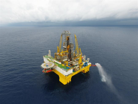 Photo taken on May 16, 2017 shows the trial mining site in the Shenhu area of the South China Sea. China has succeeded in collecting samples of combustible ice in the South China Sea, a major breakthrough that may lead to a global energy revolution, Minister of Land and Resources Jiang Daming said Thursday. (Xinhua/Liang Xu)