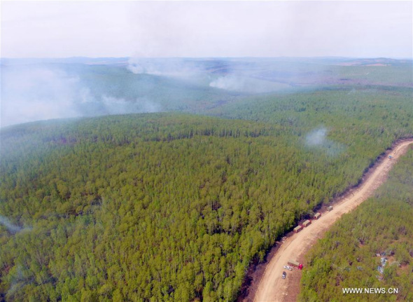 Forest police search for smoke points in Chenbaerhu Banner, Hulunbuir City, north China's Inner Mongolia Autonomous Region, May 20, 2017. The forest fire that broke out Wednesday in China's Inner Mongolia Autonomous Region has been brought under control, authorities said Saturday. (Xinhua/Deng Hua)