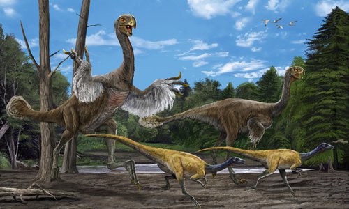 A painting of two Gigantoraptors (back) (Photo/Courtesy of the Erenhot Municipal Publicity Department)