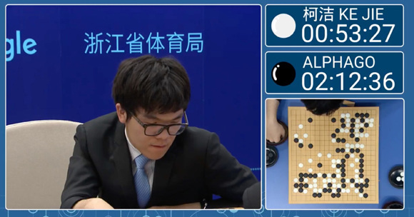 Chinese prodigy Ke Jie  battles against AlphaGo, May 25, 2017.（Photo/DeepMind Screenshot)