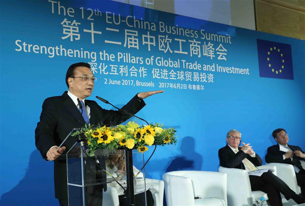 Chinese Premier Li Keqiang delivers a speech at the 12th EU-China Business Summit in Brussels, Belgium, June 2, 2017. Li and European Commission President Jean-Claude Juncker attended the business summit here on Friday. (Xinhua/Liu Weibing)