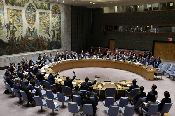 Photo taken on June 2, 2017 shows the United Nations Security Council voting on a resolution on the Democratic People's Republic of Korea (DPRK) at the UN headquarters in New York. UN Security Council adopted resolution blacklisting DPRK individuals, entities. (Xinhua/Li Muzi)