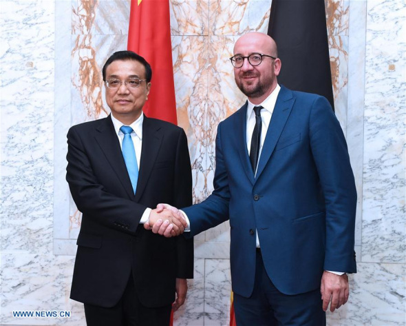 Chinese Premier Li Keqiang (L) holds talks with Belgian Prime Minister Charles Michel in Brussels, Belgium, June 2, 2017. (Xinhua/Rao Aimin) 