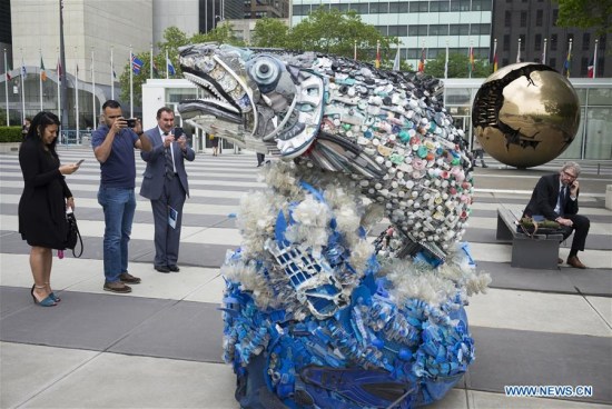 People take photos of a salmon installation made of debris collected from the Pacific Coast beaches on the first day of the Ocean Conference at the United Nations headquarters in New York, on June 5, 2017. (Xinhua/Li Muzi)