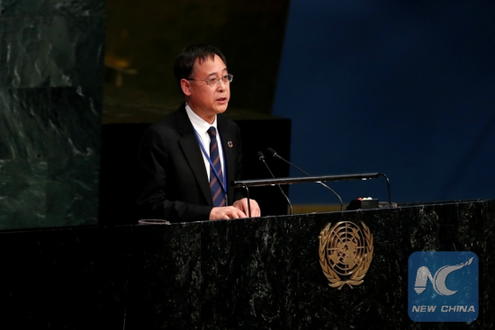 Lin Shanqing, Deputy Director of China's State Oceanic Administration, addresses the United Nations Ocean Conference at the UN headquarters in New York, June 7, 2017. (Xinhua/Li Muzi)