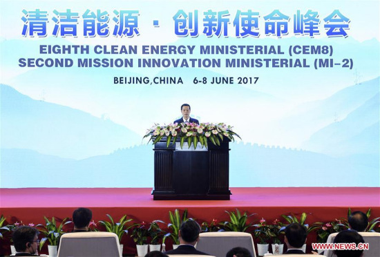Chinese Vice Premier Zhang Gaoli delivers a speech at the opening of the Eighth Clean Energy Ministerial and the Second Mission Innovation Ministerial in Beijing, capital of China, June 7, 2017. (Xinhua/Zhang Ling)