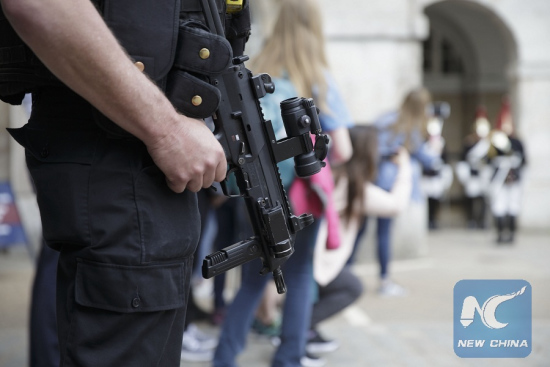 An Armed policeman is pictured after Manchester Arena bombing, in London, Britain, on May 23, 2017. (Xinhua/Tim Ireland)