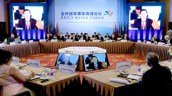 Liu Qibao, head of the Publicity Department of the CPC Central Committee, delivers a speech at the BRICS Media Forum in Beijing on Thursday.Wang Zhuangfei / China Daily