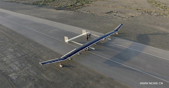 Photo taken on May 24, 2017 shows a solar drone on its test flight. China has successfully tested near-space flight of its largest solar drone. With a wingspan of 45 meters, the solar-powered drone is capable of flying at an altitude of 20 to 30 kilometers, and cruising at a speed of 150 to 200 km per hour for a long time. (Photo/Xinhua)