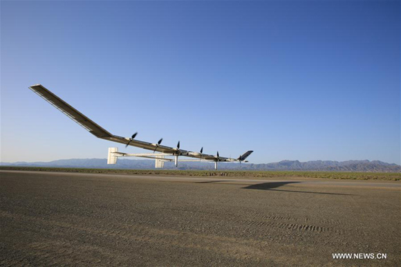 Photo taken on May 24, 2017 shows a solar drone on its test flight. China has successfully tested near-space flight of its largest solar drone. With a wingspan of 45 meters, the solar-powered drone is capable of flying at an altitude of 20 to 30 kilometers, and cruising at a speed of 150 to 200 km per hour for a long time. (Photo/Xinhua)