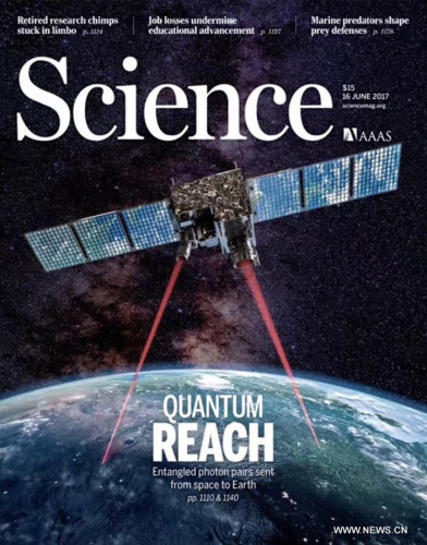 Photo shows the U.S. journal Science with a cover story about a major technical breakthrough towards quantum communication over great distances by Chinese scientists. (Xinhua/Jin Liwang)