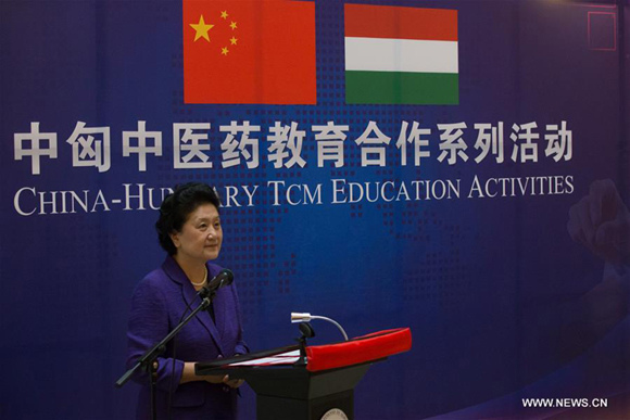 Visiting Chinese Vice Premier Liu Yandong speaks during the China-Hungary Traditional Chinese Medicine(TCM) education activities in Budapest, the capital of Hungary on June 18, 2017. (Xinhua/Attila Volgyi)
