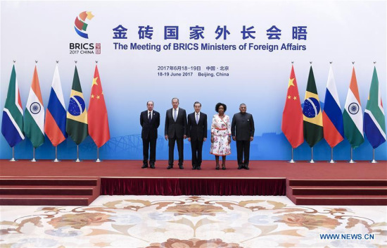 BRICS ministers of foreign affairs pose for a group photo during their meeting in Beijing, capital of China, June 19, 2017. (Xinhua/Yan Yan)