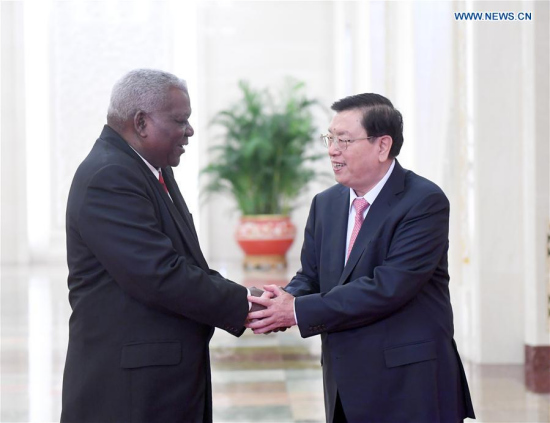Zhang Dejiang (R), chairman of the Standing Committee of the National People's Congress, holds talks with President of Cuba's National Assembly of People's Power Esteban Lazo Hernandez in Beijing, capital of China, June 20, 2017. (Xinhua/Zhang Duo)