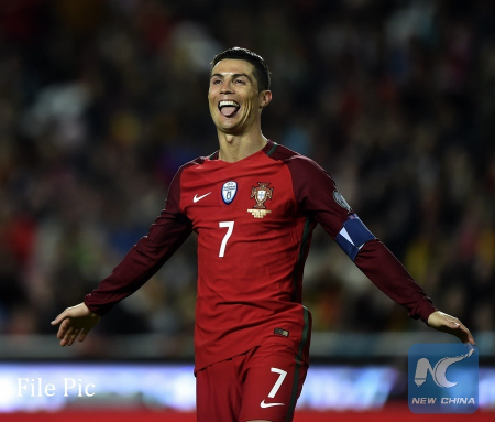 Cristiano Ronaldo of Portugal reacts during the FIFA World Cup 2018 Qualifiers Group B match between Portugal and Hungary at the Luz stadium in Lisbon, Portugal, on March 25, 2017. Portugal won 3-0.(Xinhua/Zhang Liyun)