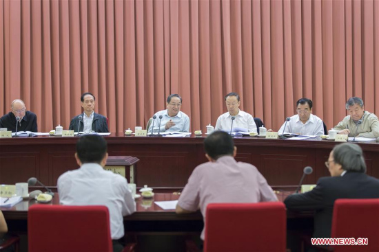 Yu Zhengsheng (3rd L), chairman of the National Committee of the Chinese People's Political Consultative Conference (CPPCC), presides over a biweekly consultation meeting on managerial standards for catering to ensure food quality on campus, in Beijing, capital of China, June 22, 2017. (Xinhua/Cui Xinyu)