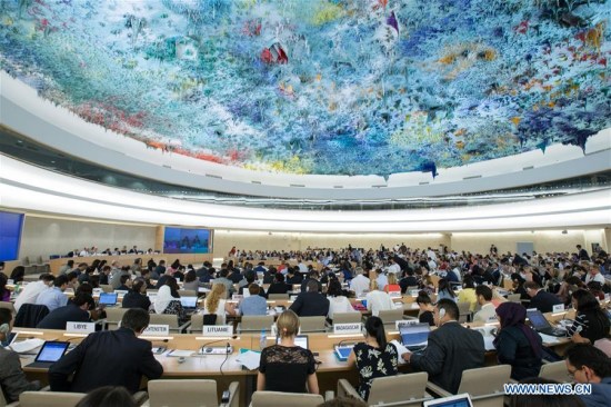 Delegates attend a plenary meeting of the UN Human Rights Council session in Geneva, Switzerland, on June 22, 2017. (Xinhua/Xu Jinquan)