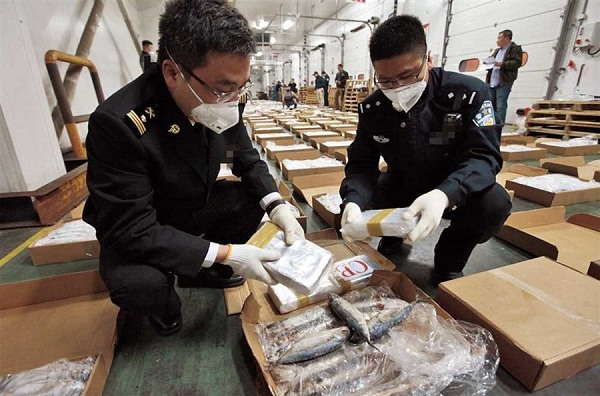 Customs officers yesterday remove cocaine hidden in frozen fish sent from South America. (Ti Gong)