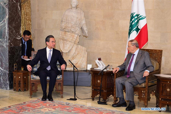 Lebanon's President Michel Aoun (1st R) meets with Chinese Foreign Minister Wang Yi (2nd L) in Beirut, capital of Lebanon, on June 23, 2017. (Xinhua/Zhao Dingzhe)