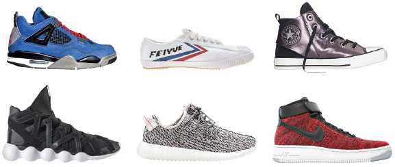 Clockwise from top left: Air Jordan 4 Retro Eminem Encore, Nike; Fe Lo Classic White, Feiyue; Chuck Taylor All Star Sloane, Converse; Air Force 1 Ultra Flyknit, Nike; Yeezy Boost 350, Adidas; Kyujo High, Y-3. (Photos Provided To China Daily)