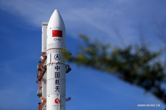 Photo taken on June 26, 2017 shows Long March-5 Y2 carrier rocket at Wenchang Space Launch Center in south China's Hainan Province. (Xinhua/Zhang Wenjun)
