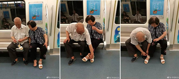 The combo photo shows an old man fixing his wife's shoe on a subway.