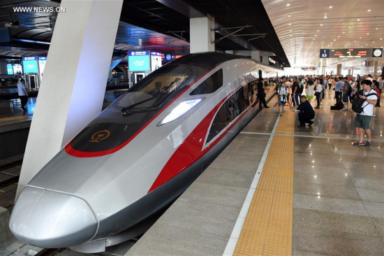 Photo taken on June 26, 2017 shows the China's new bullet train Fuxing at Beijing South Railway Station in Beijing, capital of China. China's next generation bullet train Fuxing debuted on the Beijing-Shanghai line on Monday. (Xinhua/Ju Huanzong)