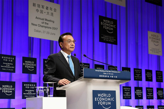 Premier Li Keqiang delivers a keynote speech at 2017 Summer Davos Forum in Dalian, Northeast China's Liaoning province, June 27. (Photo/Xinhua)