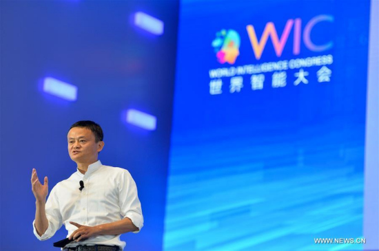 Jack Ma, Executive Chairman of Alibaba Group, speaks during the first World Intelligence Congress in Tianjin, north China, June 29, 2017. The congress opened here on Thursday. (Xinhua/Bai Yu)